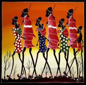 African Painting - black hunters back to home African